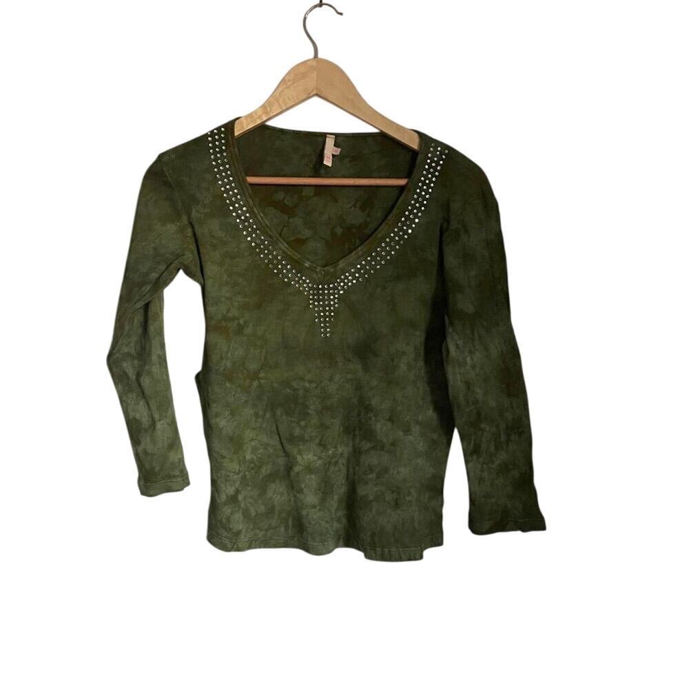 Y2K 3/4 Sleeve Shirt Green Tie Dye Bedazzled Grunge Indie Burnout Nymph XS Boho